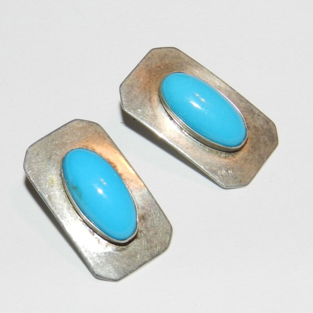 Vintage Sterling Silver Rectangle Turquoise Clip On Earrings